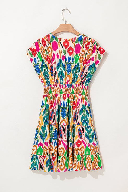 Bohemian Abstract Print V Neck Smocked Waist Tiered Ruffle Mini Dress